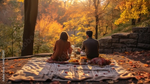 an autumn park picnic setup from behind, featuring a woven blanket spread over a stone wall. A couple enjoys a leisurely meal, surrounded by the vivid colors of fall foliage. 