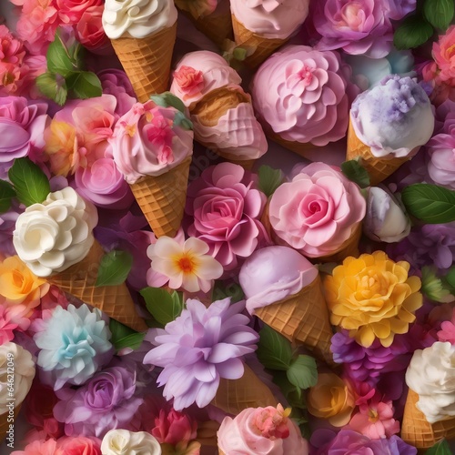 A garden of ice cream flowers  where colorful scoops bloom on ice cream cone stems2