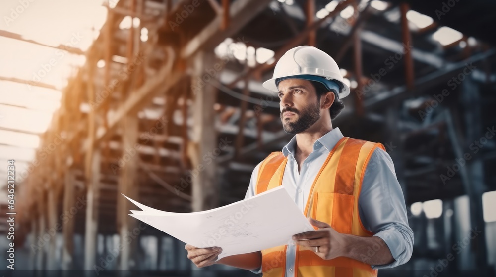 Architects look blueprints and checking building site. Architects look blueprints and checking building site.