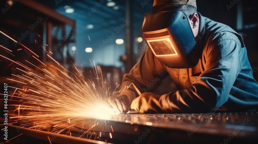 Male welder is welding metal at factory. Male welder is welding metal at factory.