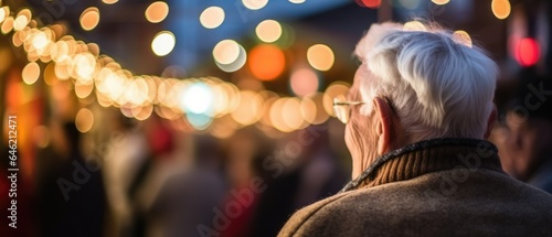 seen back view elderly,mature,grandfather birthday party with balloons decoration