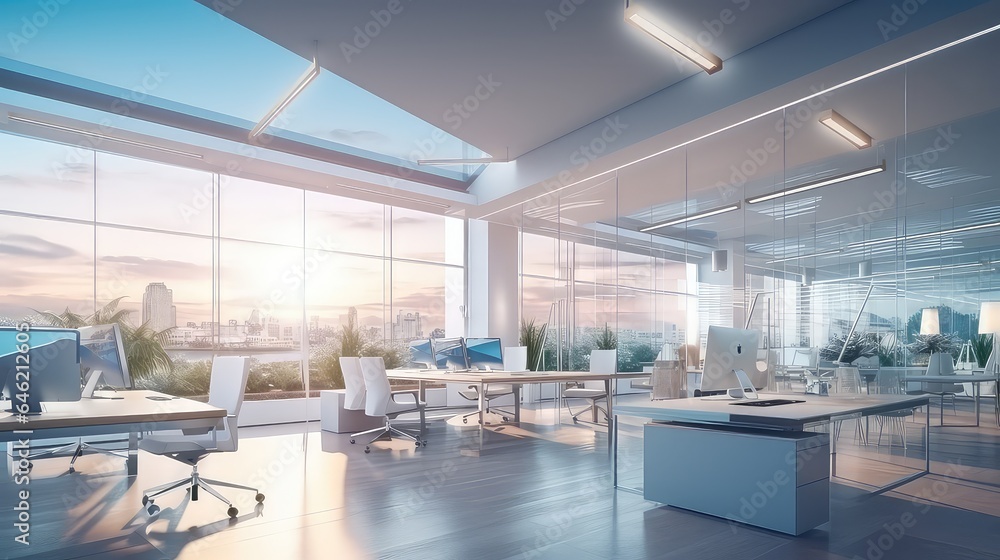 Fototapeta premium Modern office with panoramic windows and lights