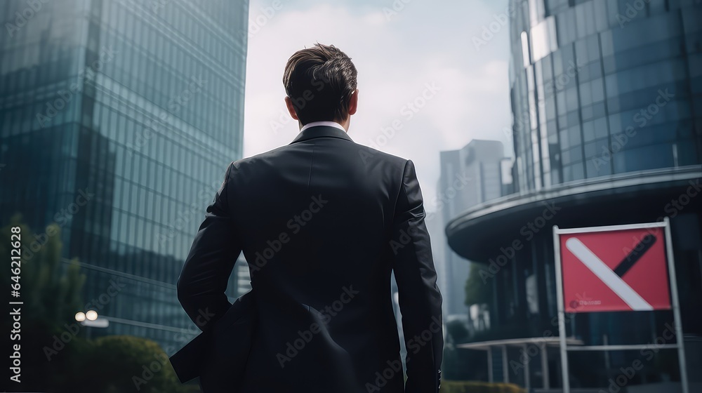 Fototapeta premium The back of a businessman looking towards the city