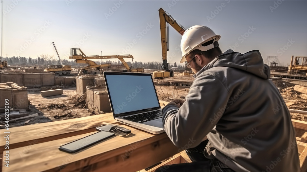 Architect using laptop at construction site.