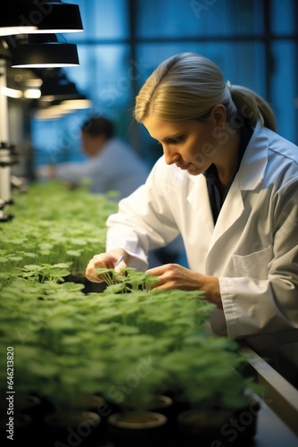 A researcher in a lab coat are analyzing soybean plants in laboratory.