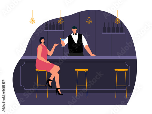Nightlife flat vector illustration. A woman is ordering a drink from the bartender at a club. People at the nightclub