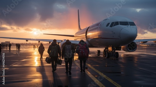group of friends about to make their bachelor party trip, excited and happy on the landing strip