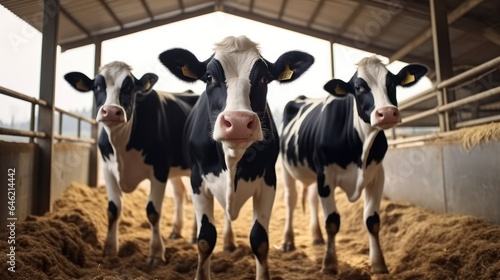 Three cows are standing in cowshed.