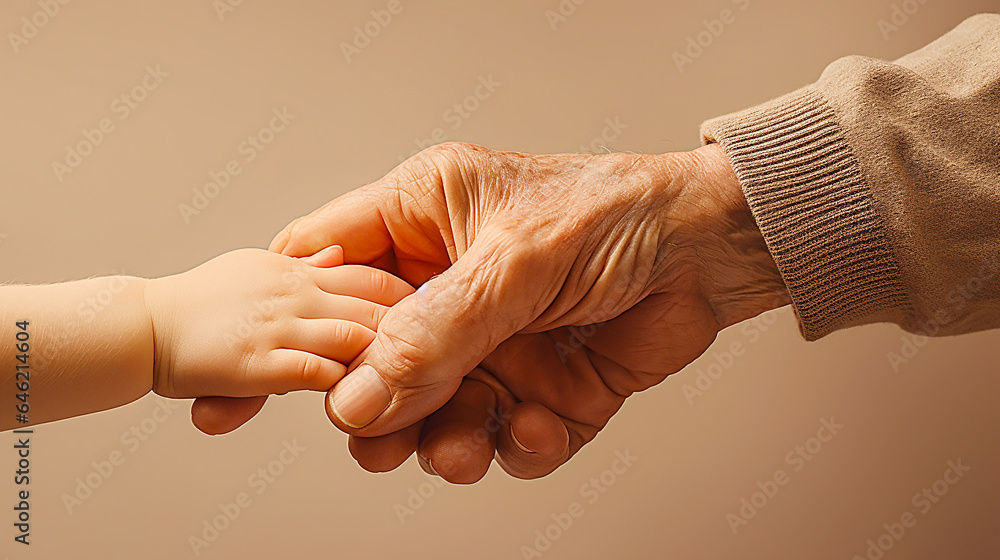 Image of an old man and a baby holding hands. - obrazy, fototapety, plakaty 