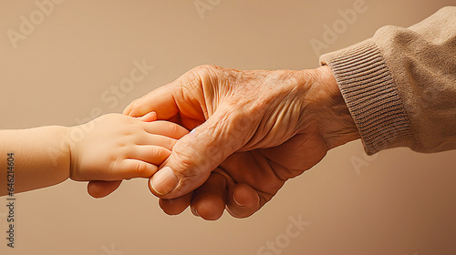 Image of an old man and a baby holding hands.