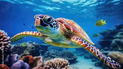 Turtle and sea animals with colorful coral underwater in ocean.