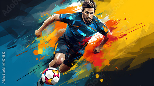 soccer player with ball on abstract colorful background