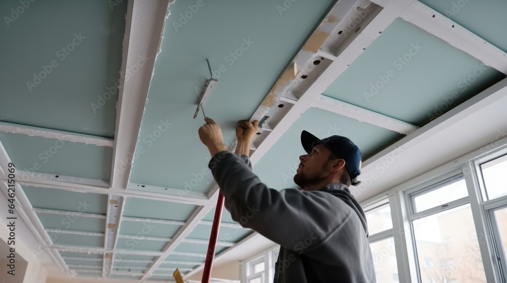 Workers installs a ceiling into frame of ceiling. - obrazy, fototapety, plakaty 