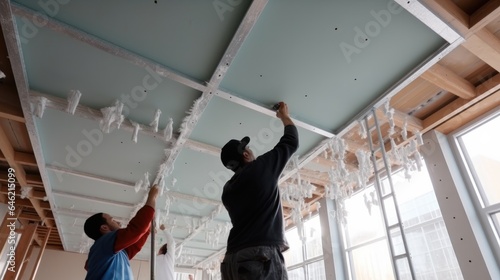 Workers installs a ceiling into frame of ceiling.