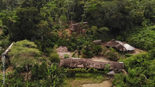 Aerial View of Tribe Village of Native Indigenous Community of Ecuadorian in Amazon Forest