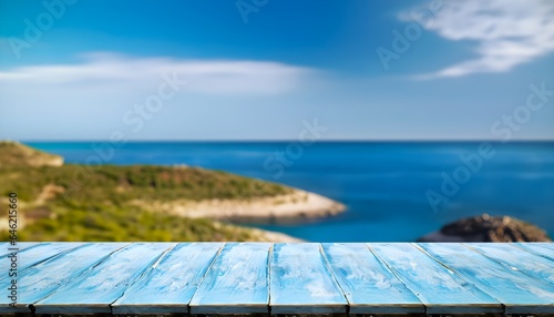 Blue wooden table on the background of the sea, island and the blue sky, blurred background, blue wooden table over the sea