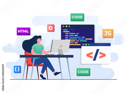Web developer wiring code or program using laptop, Computer programming, Java, HTML symbols, Web design, Software, application design, programming languages, developing, website, programmer