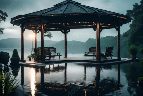 A tranquil lakeside gazebo amid a drizzling rain.