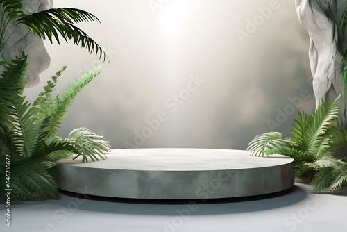 3D Stone podium platform in tropical plants decoration, For Presentation display cosmetics products branding, Empty minimal stage identity and packaging design, ai generate
