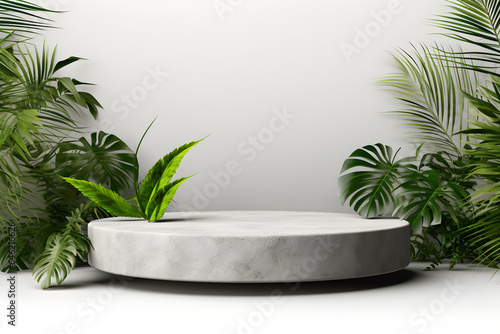 3D Stone podium platform in tropical plants decoration  For Presentation display cosmetics products branding  Empty minimal stage identity and packaging design  ai generate