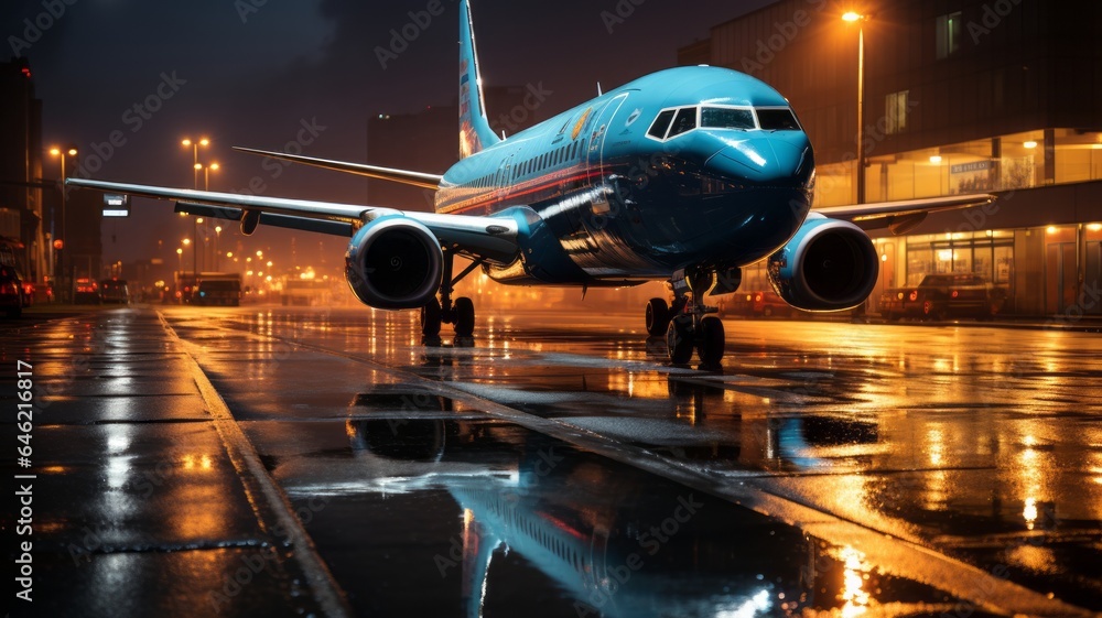 airport on the runway, recent rain wet runway with reflections, mexico latin america