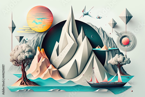 Colorful Surreal Fantasy Landscape in Infographic Style, Generative AI