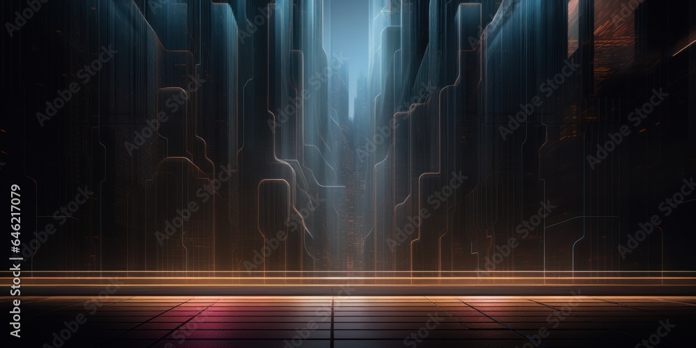 Dark abstract wall with neon design and ghost town. AI Generation 