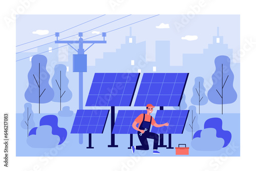 Happy worker installing solar panels outside vector illustration. Cartoon drawing of man in uniform, alternative source of energy, solar power. Ecology, technology, sustainability concept