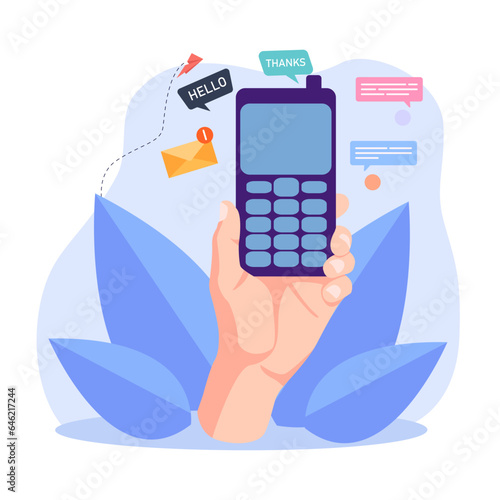 Hand holding dumb phone with call and message functions. Old-fashioned phone with buttons for calling or texting, independence from technology or internet vector illustration. Technology concept