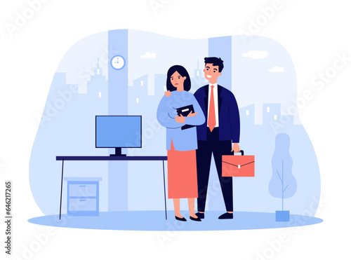 Businessman harassing female coworker vector illustration. Man touching woman without consent, inappropriate behavior of men in office. Sexual harassment at work, feminism, discrimination concept