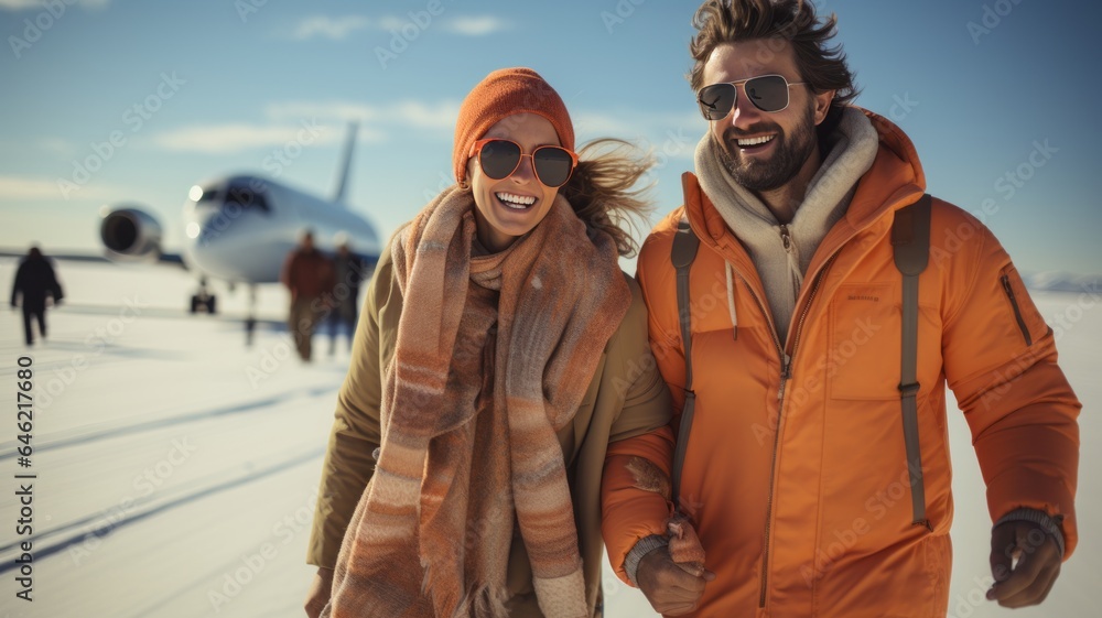 couple traveling around the world, with their suitcases on the airport runway, plane behind, smiling couple traveling around the world, with their suitcases on the airport runway, plane behind, smiling