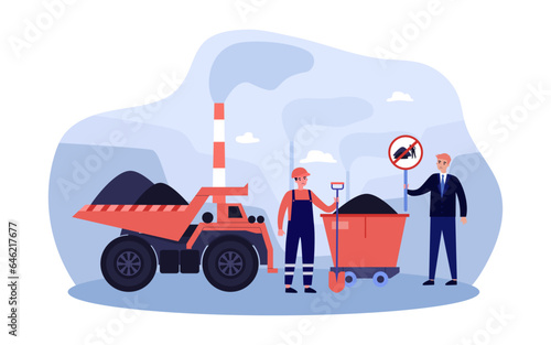 Ban or prohibition of using fossil fuels vector illustration. Cartoon drawing of industrial worker with coal in truck, stop mining sign. Industry, ecology, construction, pollution concept