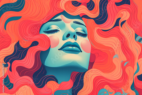 Risograph aesthetic concept illustration. Abstract  mysterious  surrealistic woman with red and pink as main colors. Anxiety  illusions  psychedelic experience by drug and multiple euphoria concept