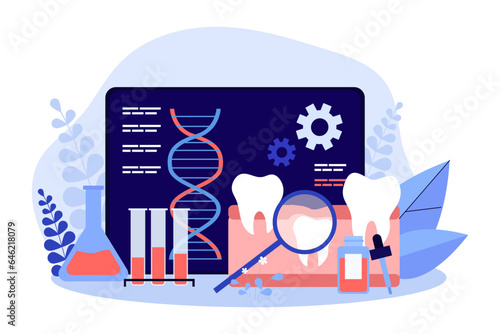 Scientific experiment on teeth vector illustration. Drug for tooth to regrow under magnifier, laboratory equipment and DNA data on screen. Science, dentistry, medicine concept