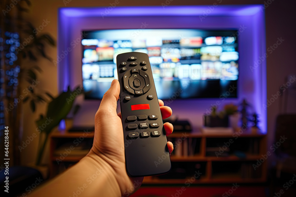 Male left hand holding a remote control in front of TV displaying streaming service - obrazy, fototapety, plakaty 