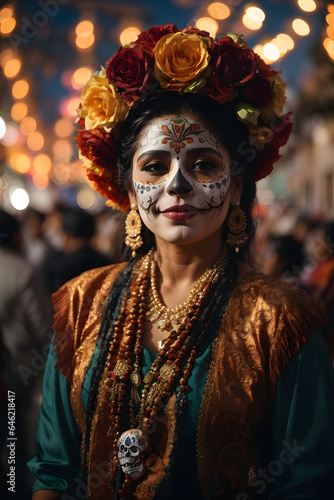 A person capturing the jubilant celebrations of Dia de los Muertos (Day of the Dead) in Mexico. Image created using artificial intelligence. © kapros76