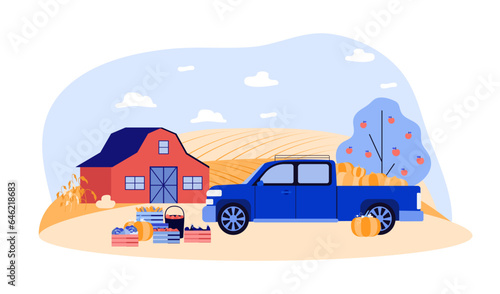 Farmer truck loaded with pumpkins vector illustration. Farm landscape with crop fields, apple trees, barn and ripe fruits and vegetables. Thanksgiving, harvest, autumn concept
