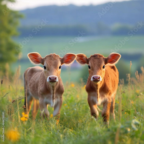Brown cute cows on the grass