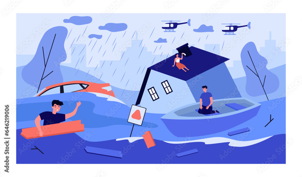 Scared people in flooded city in downpour vector illustration. Cartoon drawing of men and woman