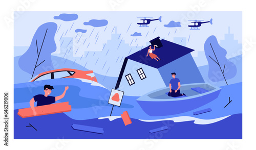 Scared people in flooded city in downpour vector illustration. Cartoon drawing of men and woman on house roof, in boat and holding onto wooden board. Weather, climate, disaster, danger concept