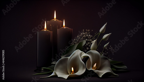 Burning candles and calla flowers on black background with space for text. Funeral concept, candle with flower, Ai generated image 