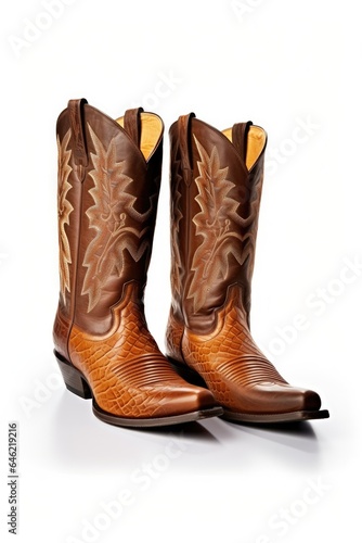 Fancy pair of handmade leather cowboy boots on white background