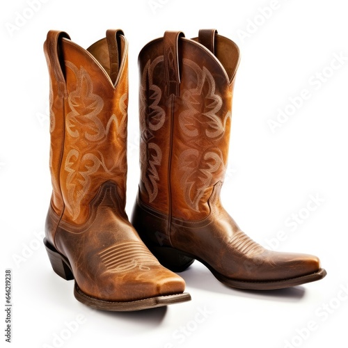 Fancy pair of handmade leather cowboy boots on white background