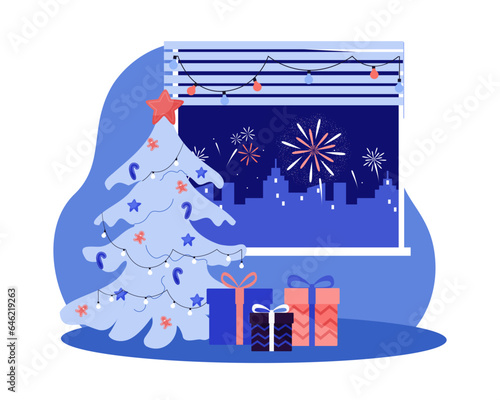 Fireworks in sky behind window vector illustration. Christmas tree, gift boxes and colorful garland for home decoration and celebrating holidays. Christmas celebration, winter, event concept
