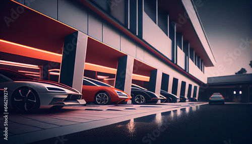 Car showroom parking of cars of warious brands, car in the street, Ai generated image 