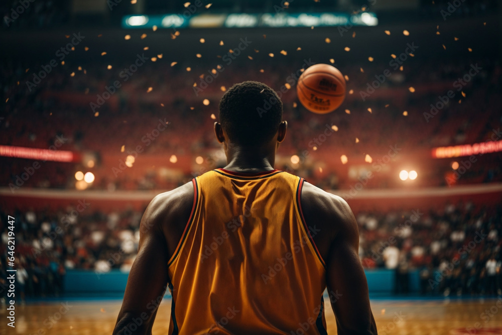Rear view of happy basketball player at stadium. Rear view of happy basketball player at stadium.