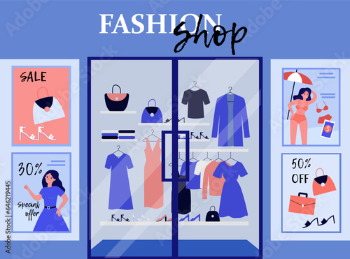Fashion shop display with sale banners vector illustration. Discounted products and clothes presented, posters promoting special offers. Black Friday, commerce, fashion, business concept