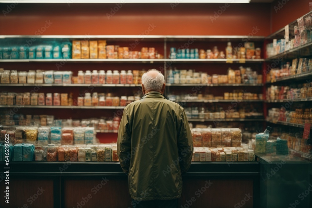 Rear view of a man looking at shelves in drugstore