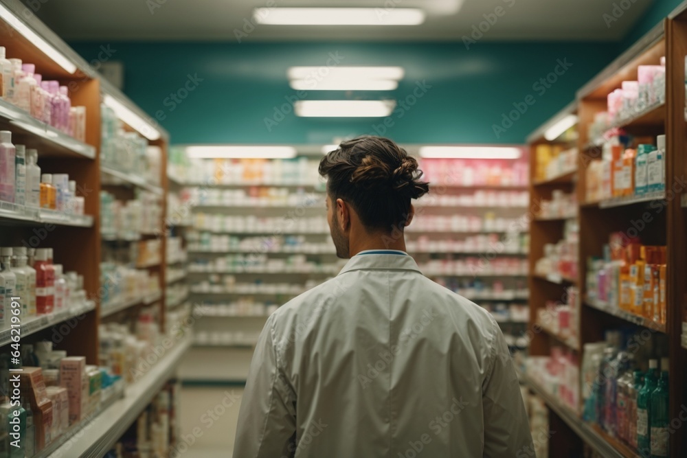 Rear view of a man looking at shelves in drugstore