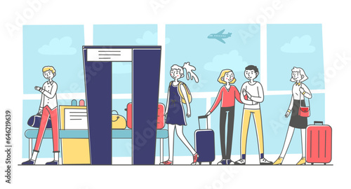 Passengers passing security checkpoint vector illustration. Happy people in queue checking luggage, walking through metal detector, waiting for departure. Flight steps, travel, tourism concept